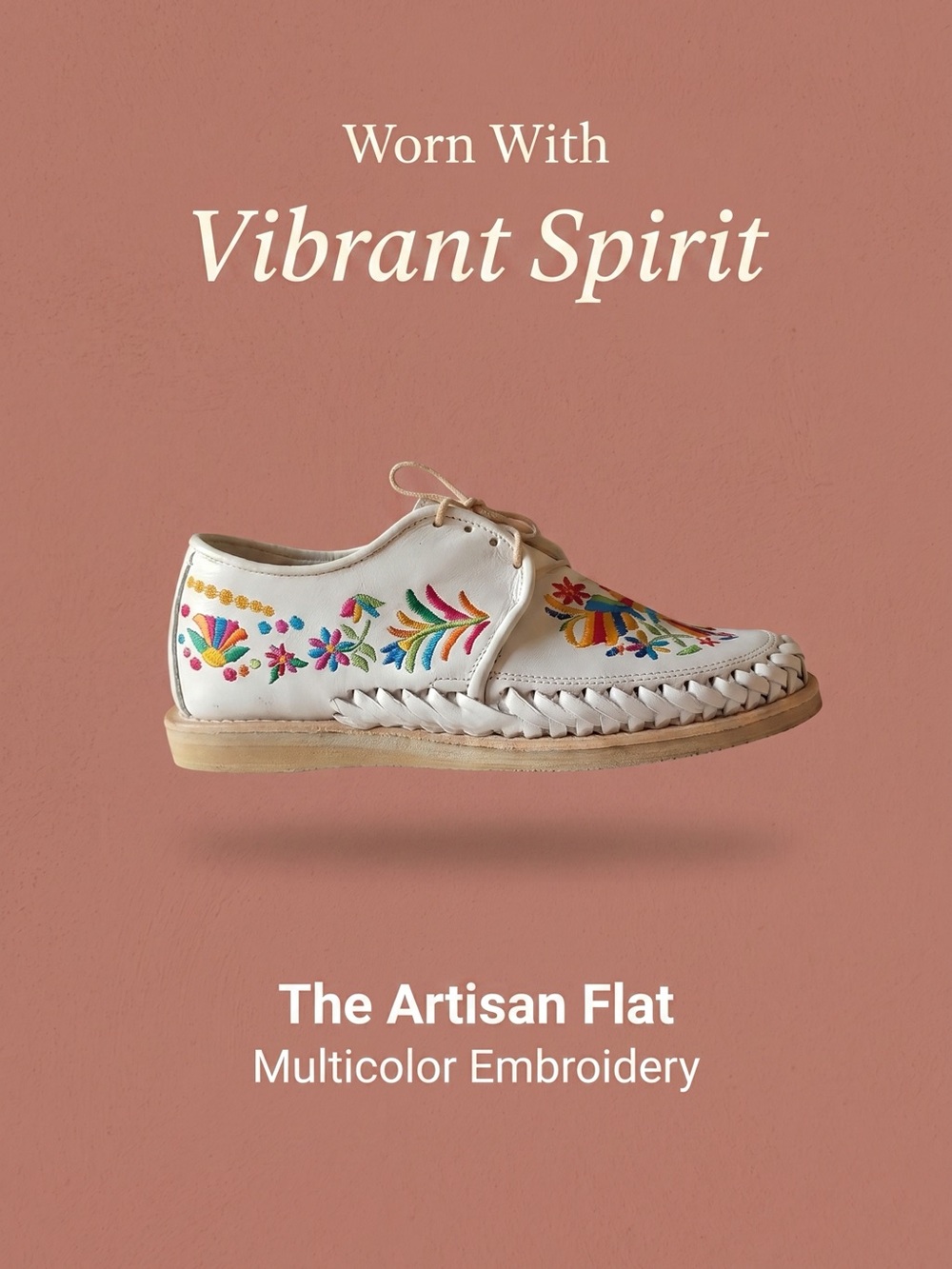 Hand Crafted White Embroidered Multicolor Lace-Up Flats